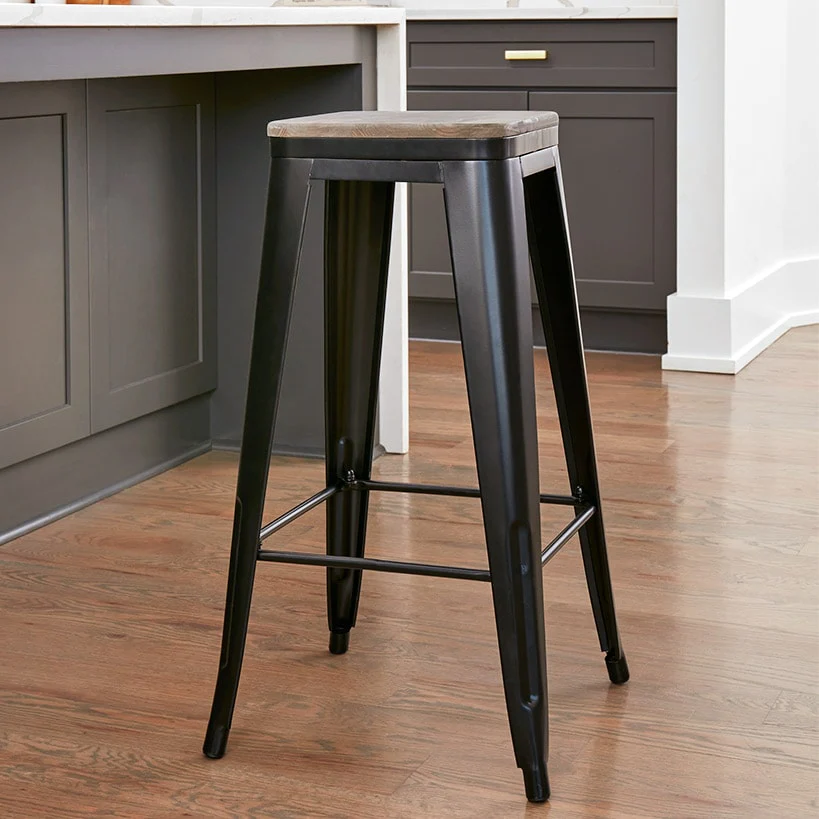 Backless Metal Barstool with Wood Square Seat - 24"H or 30"H - Image 4