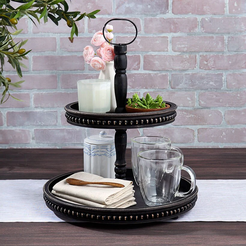 Beaded Wood Round Serving Trays - Image 3