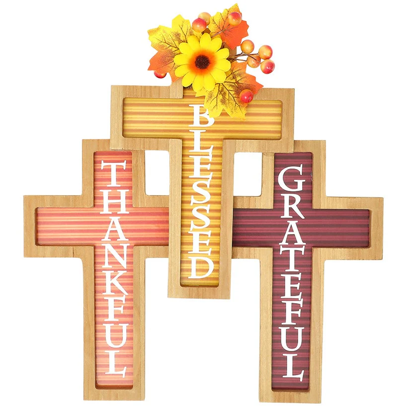 Cross Harvest Wall Decor With Sentiment Thankful Blessed And Grateful - Image 3