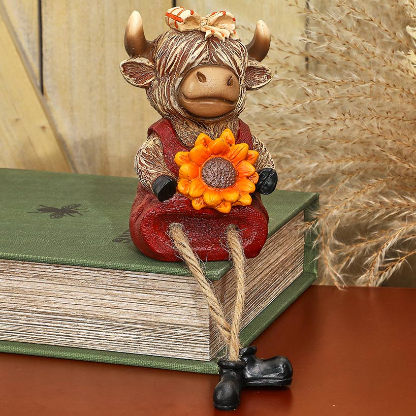 Highland Cow Shelf Sitter Girl With Sunflower Or Boy With Pumpkin - Image 2