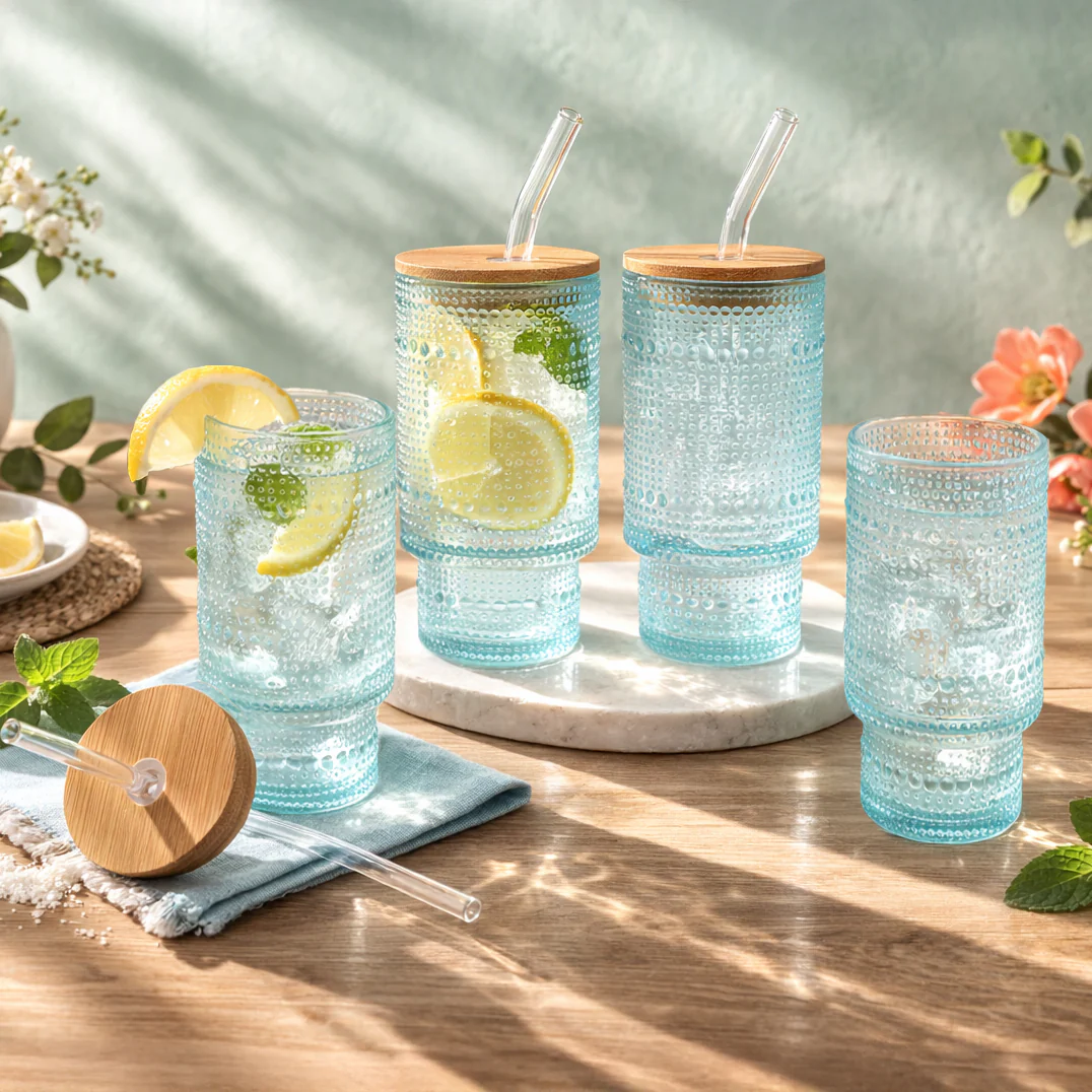 Hobnail Blue Glasses with Bamboo Lids and Glass Straws - Set of 4 - Image 2
