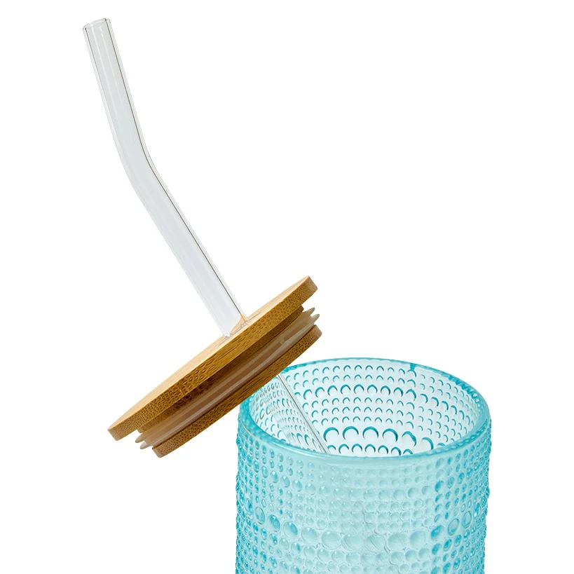 Hobnail Blue Glasses with Bamboo Lids and Glass Straws - Set of 4 - Image 4