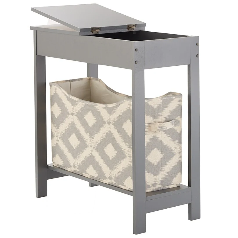 Narrow Wood Side Table with Flip-Top and Fabric Storage Bin - Image 3