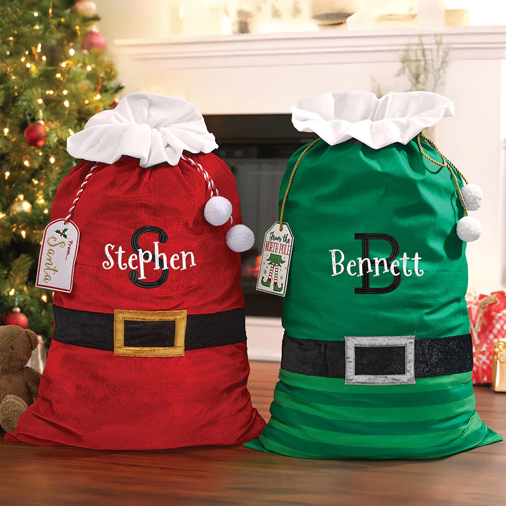 Personalized Green Velvet Elf Santa Sack - Image 3