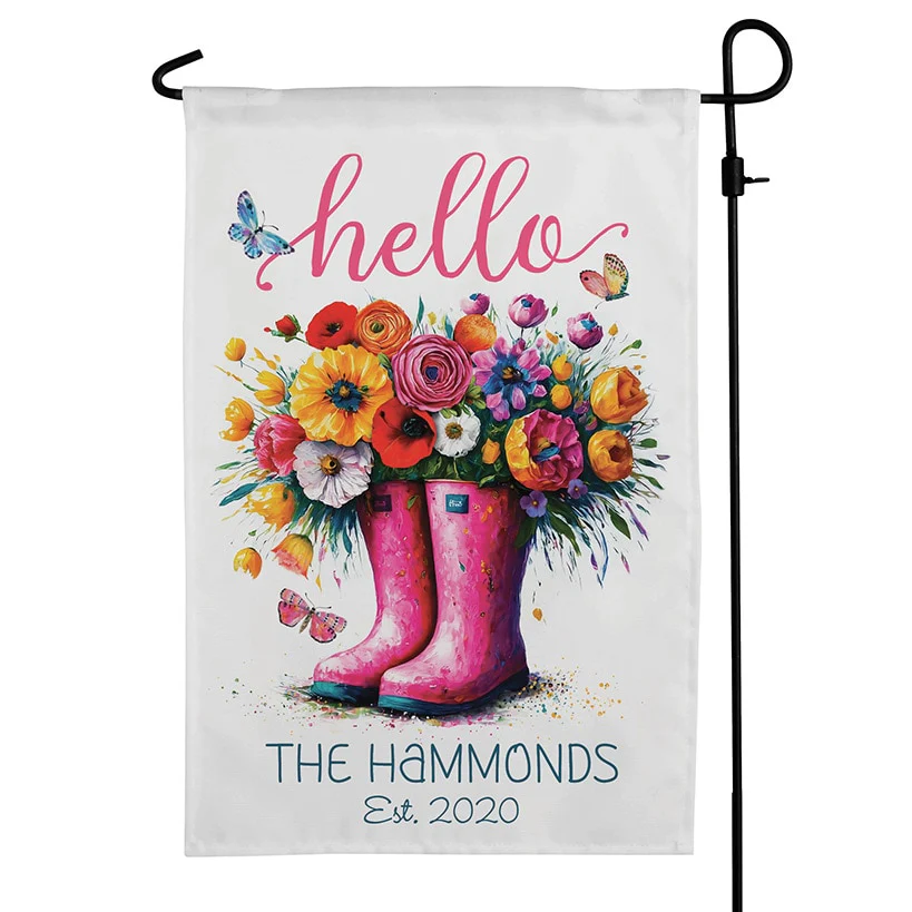 Personalized Hello Spring Floral Rain Boots Garden Flag - Image 3