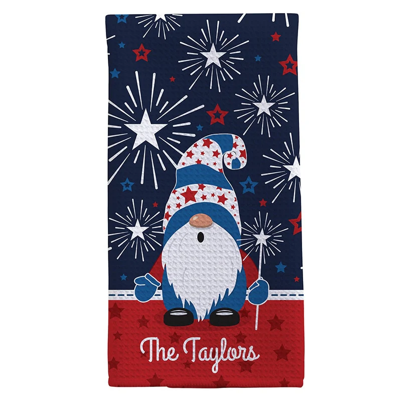 Personalized Patriotic Gnome with Fireworks Waffle Tea Towel - Image 3