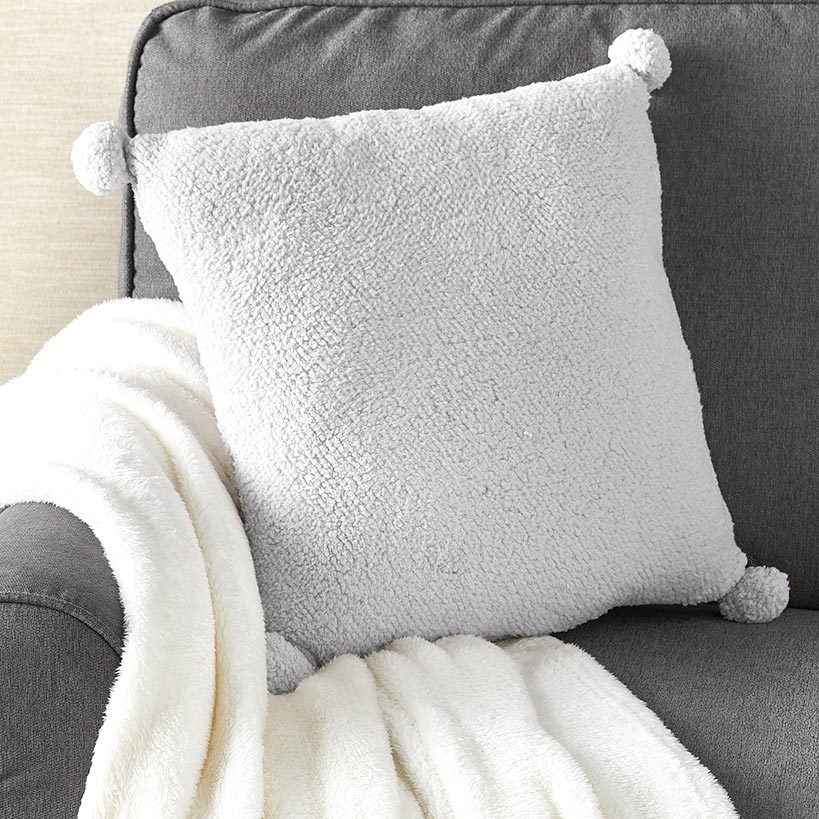 Pom-Pom Faux Shearling Gray Throw Pillow - Image 3