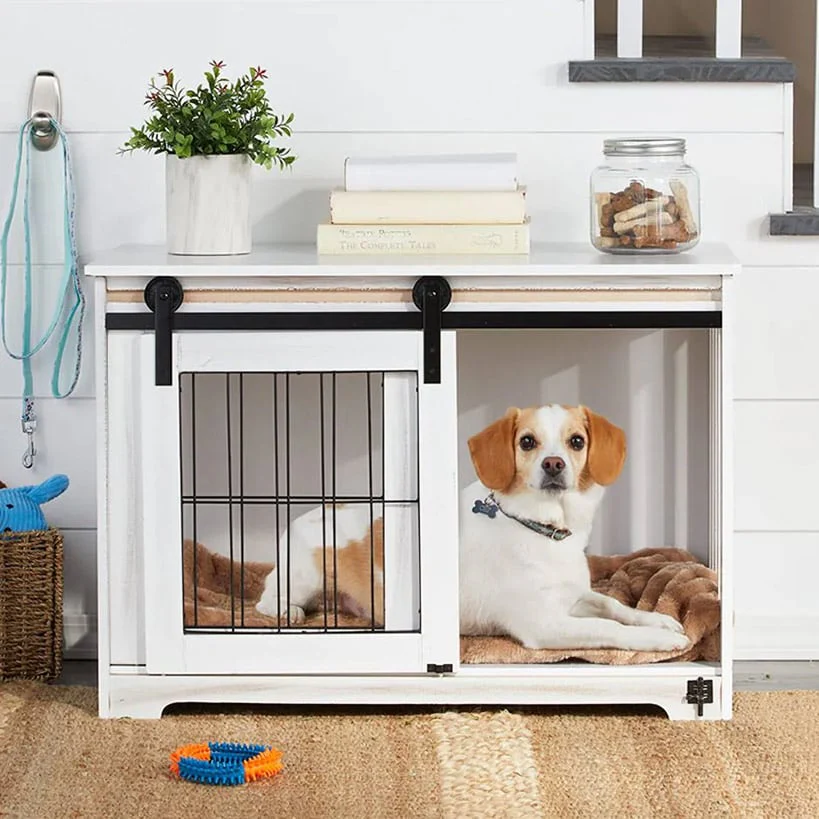 Rustic Sliding White Barn Door Pet Crate