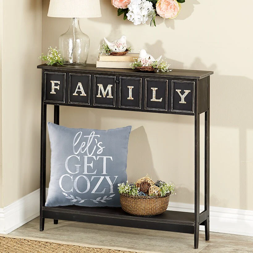 Rustic Wood Console Table with Galvanized Family Sentiment