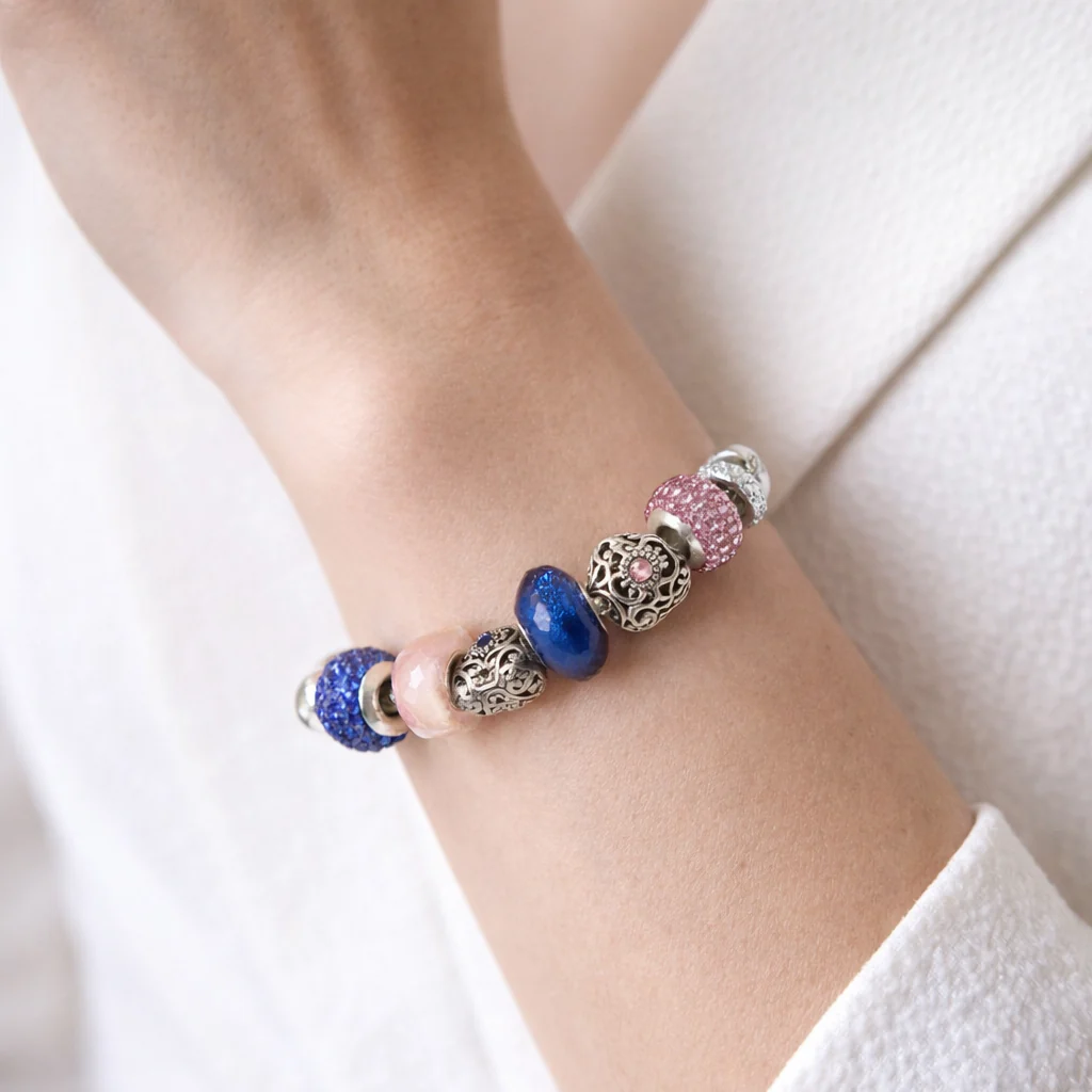 Snake Chain Bracelet with 6 Bead Charms - Image 2