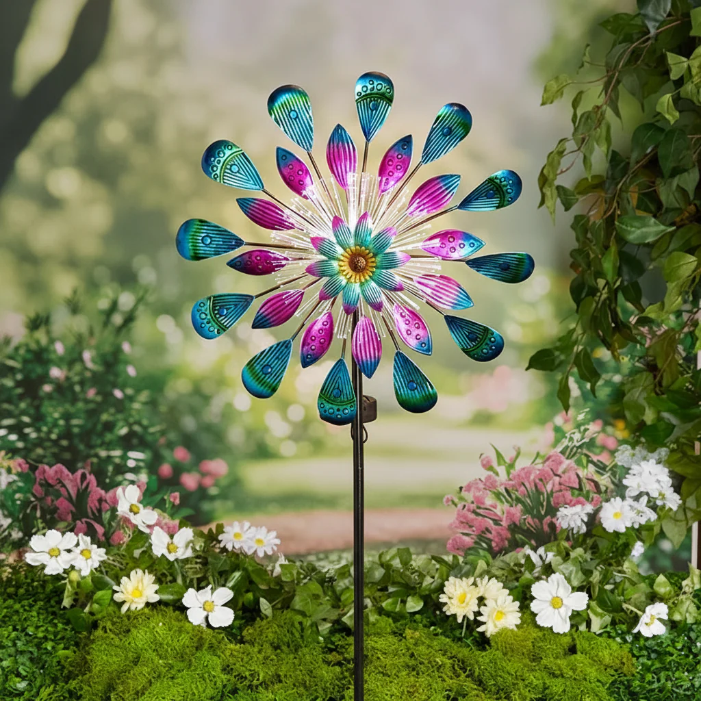 Solar Aurora Borealis Fiber Optic Wind Spinner Stake - Image 2
