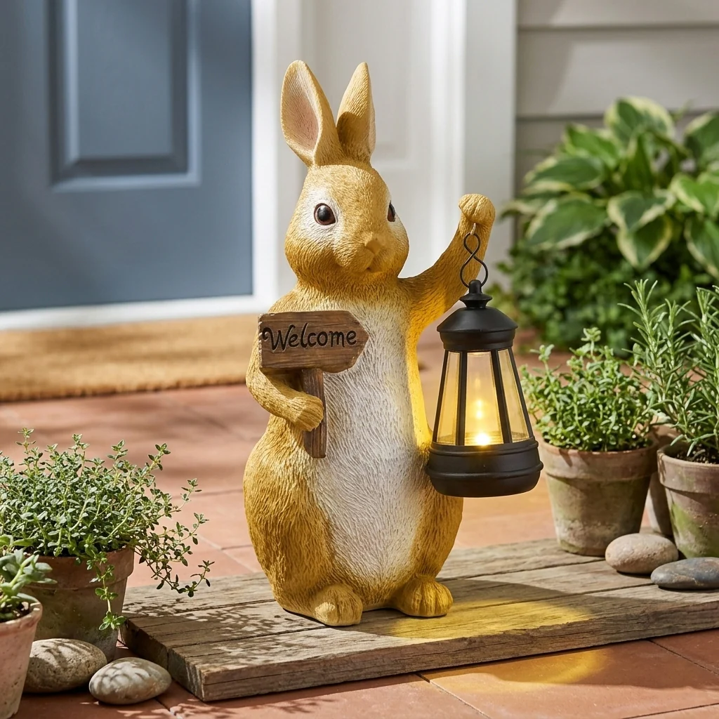 Solar Welcome Bunny Garden Statue With Lantern - Image 2