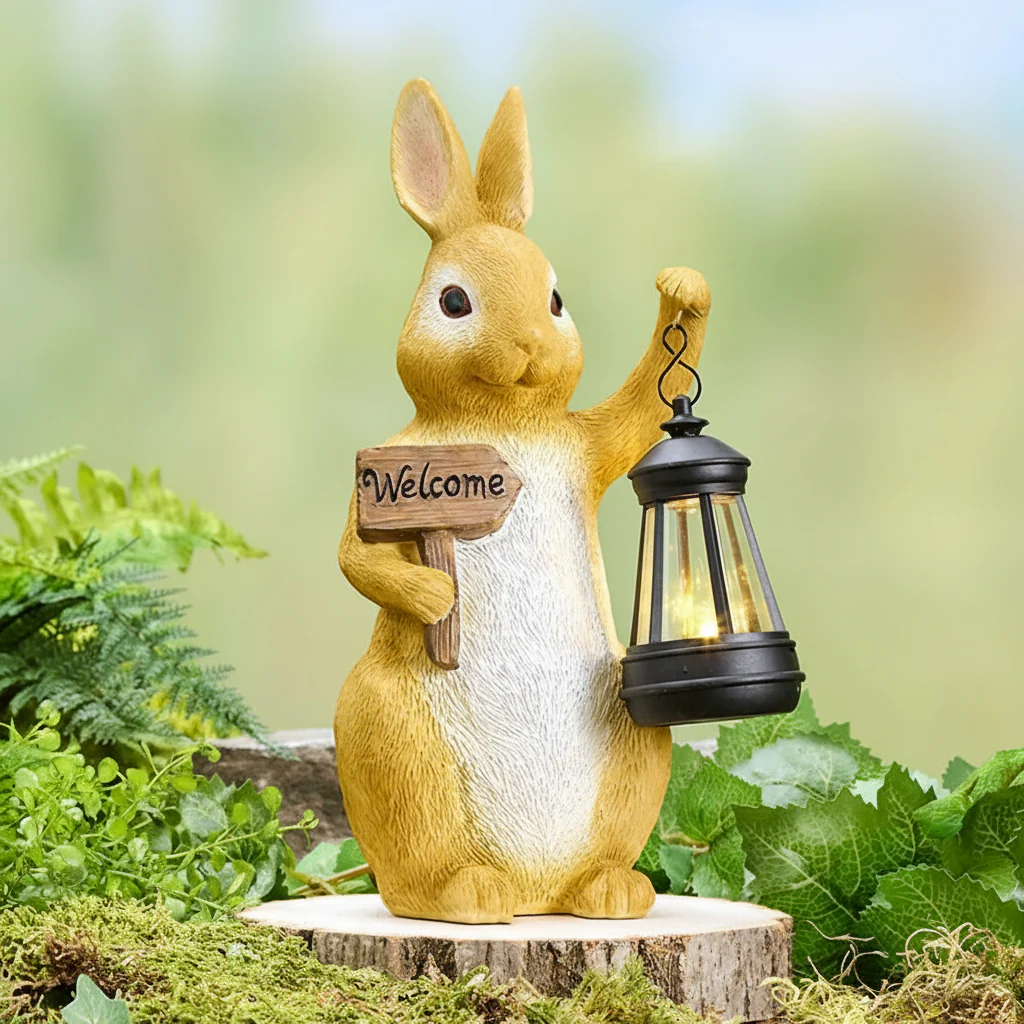 Solar Welcome Bunny Garden Statue With Lantern - Image 3