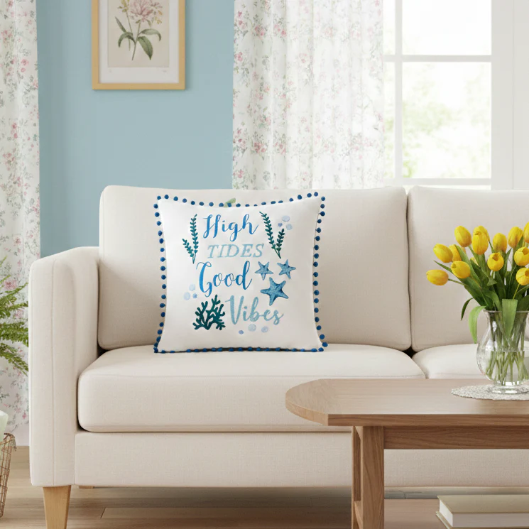 Summer Beach Themed Embroidered Decorative Pillow - Image 5