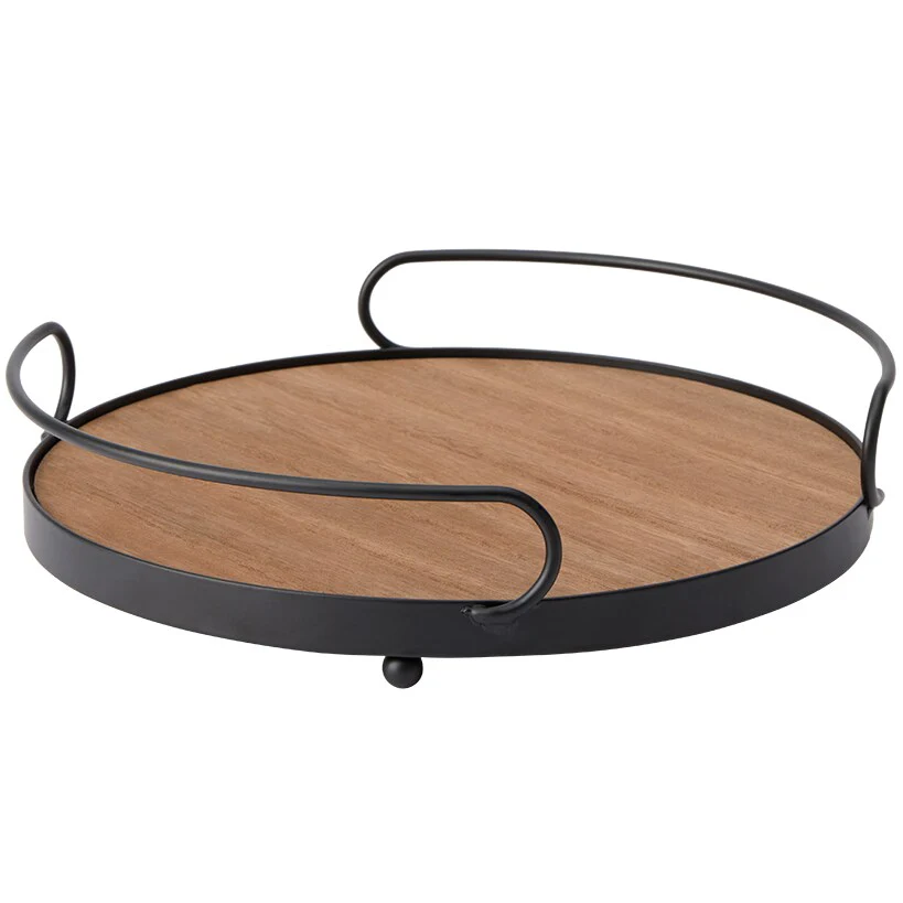 Tabletop Decorative Metal & Wood Round Serving Tray - Image 2