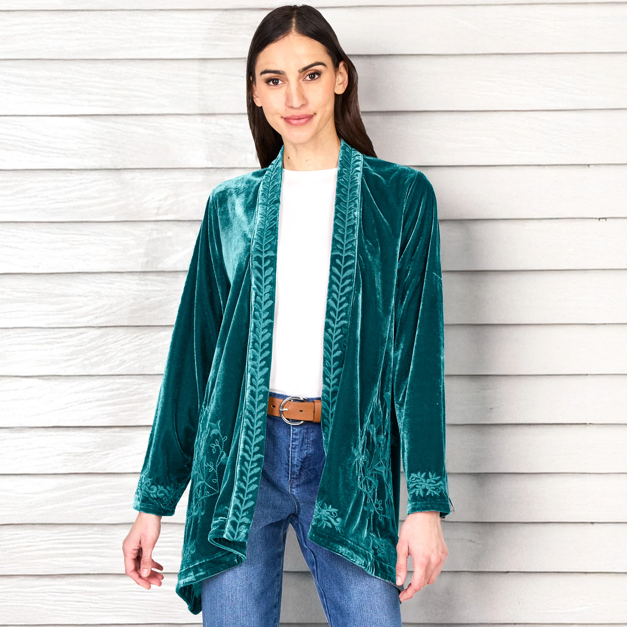 Women's Embroidered Velvet Open Front Cardigan - Image 17