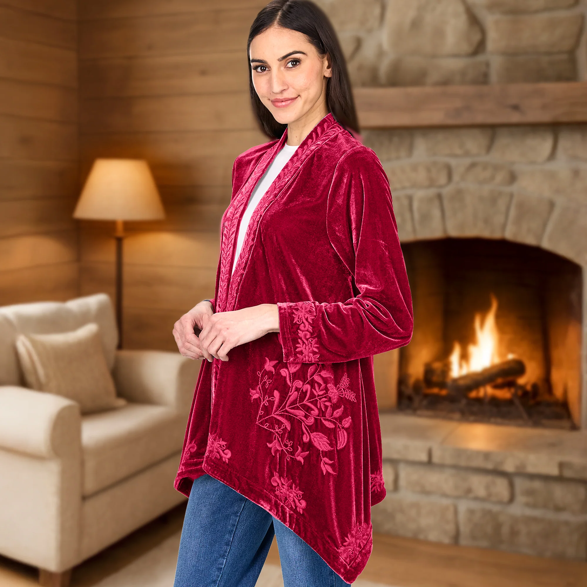 Women's Embroidered Velvet Open Front Cardigan - Image 2