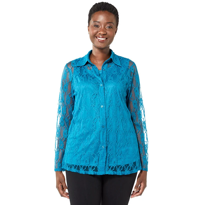 Women's Lace Long Sleeve Button Up Blouse - Image 3